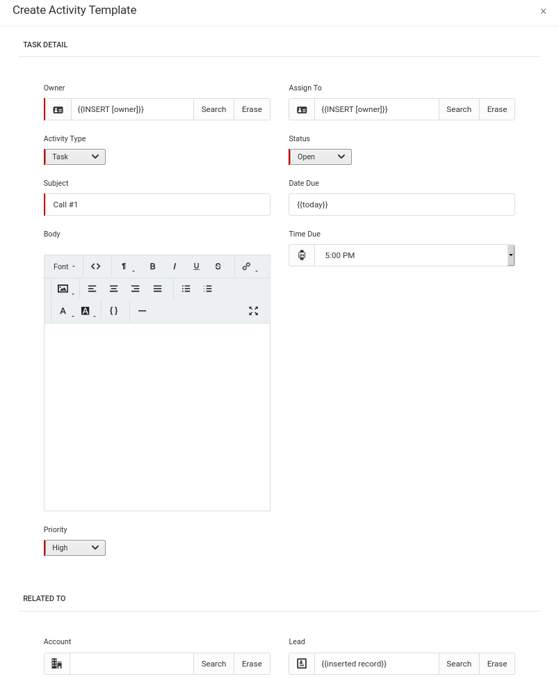 New task form for the workflow action